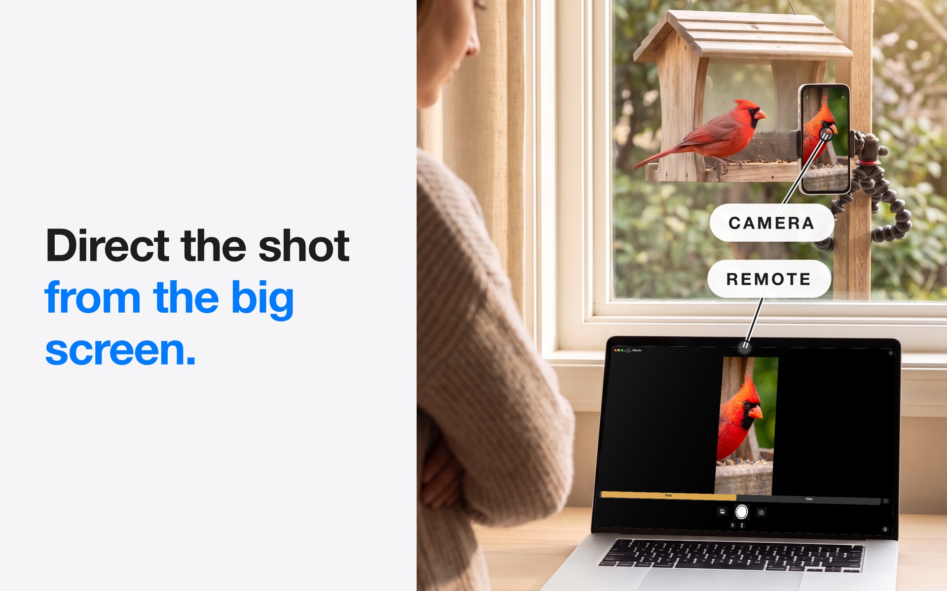 Remote Shutter on a Mac directing a phone that a GorillaPod holds at a bird feeder
